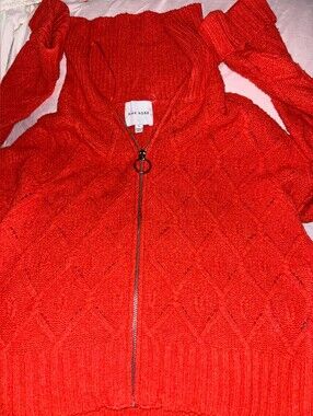 Bright Red Zip-Up Diamond Knit Cardigan